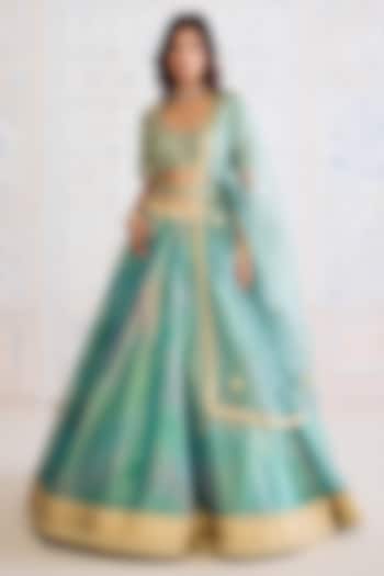 Dusty Turquoise Green Tissue Organza Brocade Embroidered Wedding Lehenga Set by Shyam Narayan Prasad at Pernia's Pop Up Shop