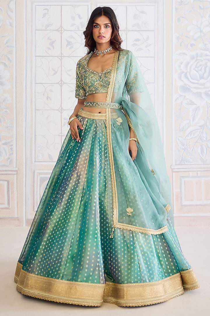 Dusty Turquoise Green Tissue Organza Brocade Embroidered Wedding Lehenga Set by Shyam Narayan Prasad at Pernia's Pop Up Shop