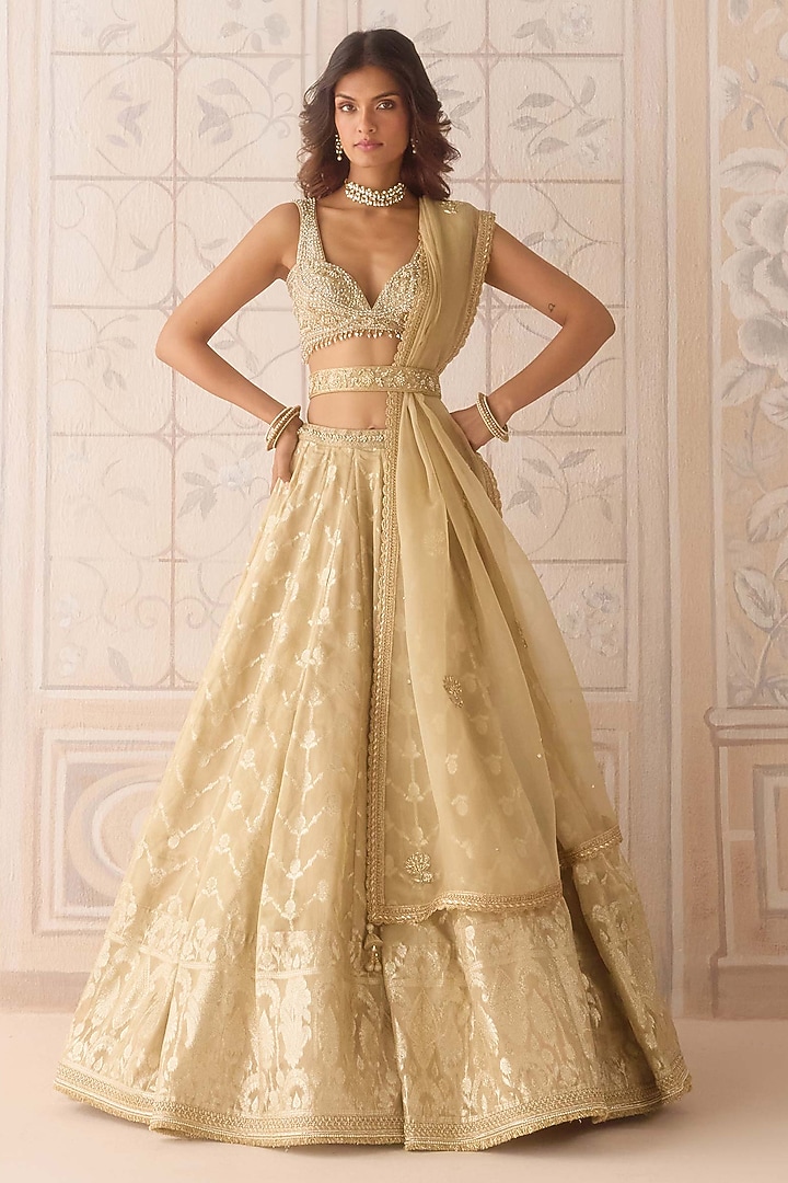 Gold Tissue Organza Brocade Embroidered Wedding Lehenga Set by Shyam Narayan Prasad at Pernia's Pop Up Shop