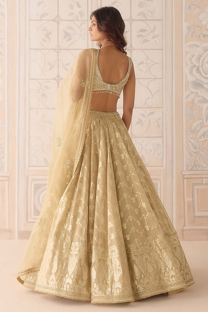 Gold Tissue Organza Brocade Embroidered Wedding Lehenga Set by Shyam Narayan Prasad at Pernia's Pop Up Shop