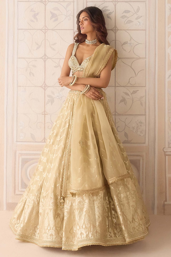 Gold Tissue Organza Brocade Embroidered Wedding Lehenga Set by Shyam Narayan Prasad at Pernia's Pop Up Shop