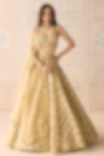 Gold Tissue Organza Brocade Embroidered Wedding Lehenga Set by Shyam Narayan Prasad at Pernia's Pop Up Shop
