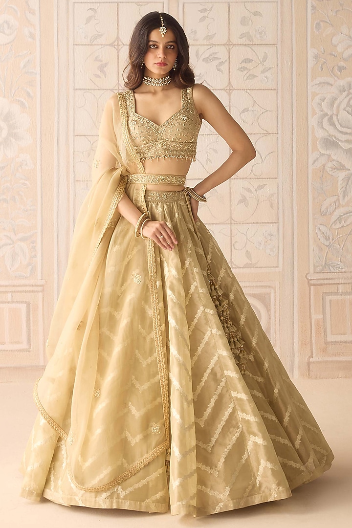 Gold Tissue Organza Brocade Embroidered Wedding Lehenga Set by Shyam Narayan Prasad at Pernia's Pop Up Shop