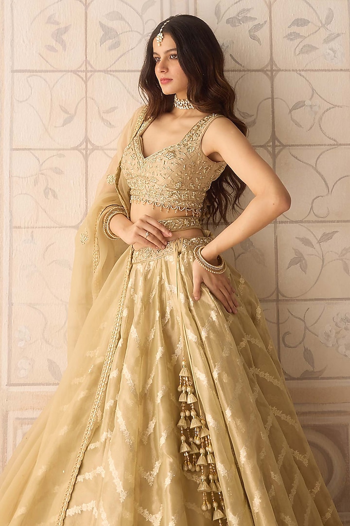 Gold Tissue Organza Brocade Embroidered Wedding Lehenga Set by Shyam Narayan Prasad at Pernia's Pop Up Shop