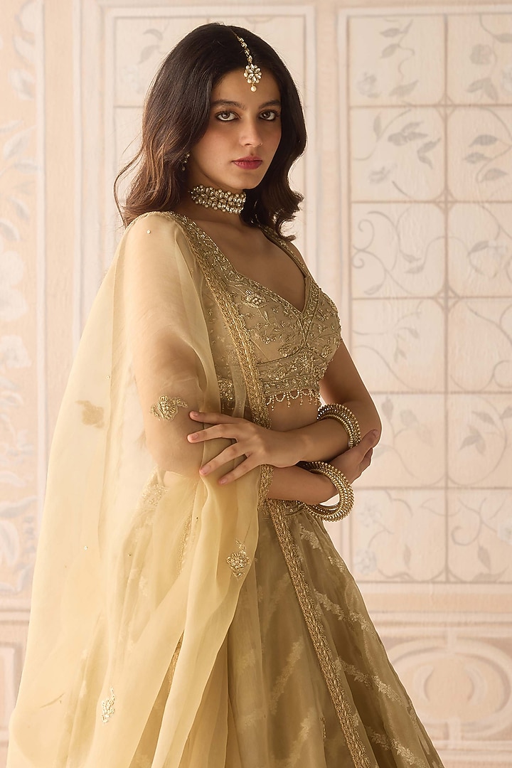 Gold Tissue Organza Brocade Embroidered Wedding Lehenga Set by Shyam Narayan Prasad at Pernia's Pop Up Shop