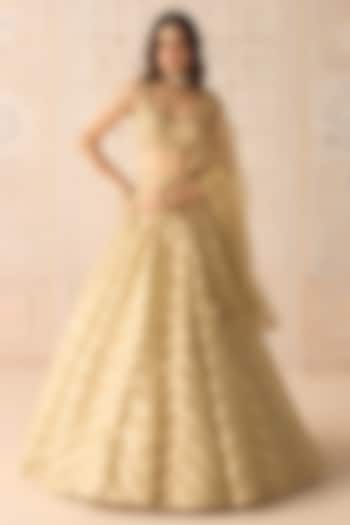 Gold Tissue Organza Brocade Embroidered Wedding Lehenga Set by Shyam Narayan Prasad at Pernia's Pop Up Shop