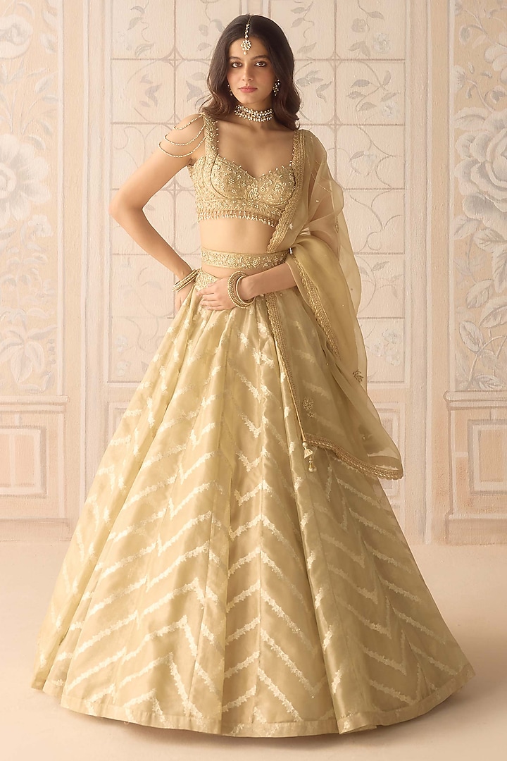Gold Tissue Organza Brocade Embroidered Wedding Lehenga Set by Shyam Narayan Prasad at Pernia's Pop Up Shop