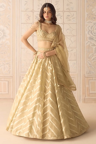 Gold Tissue Organza Brocade Embroidered Lehenga Set by Shyam Narayan Prasad