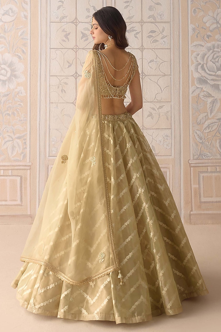 Gold Tissue Organza Brocade Embroidered Wedding Lehenga Set by Shyam Narayan Prasad at Pernia's Pop Up Shop