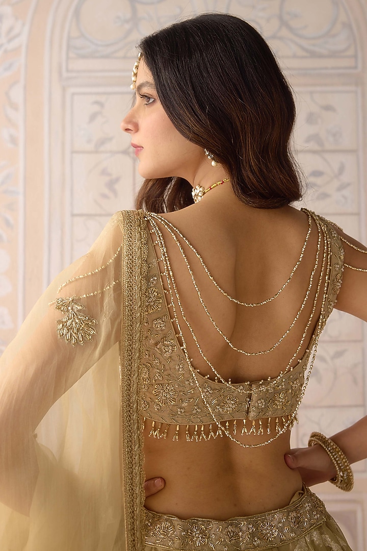 Gold Tissue Organza Brocade Embroidered Wedding Lehenga Set by Shyam Narayan Prasad at Pernia's Pop Up Shop