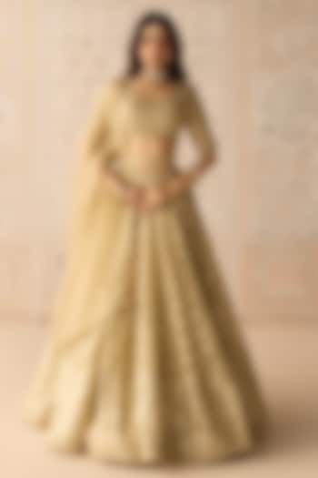 Gold Tissue Organza Brocade Embroidered Wedding Lehenga Set by Shyam Narayan Prasad at Pernia's Pop Up Shop