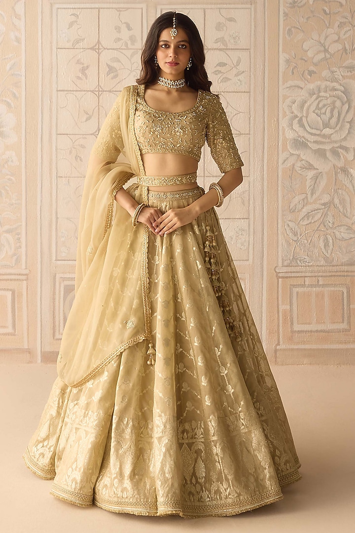 Gold Tissue Organza Brocade Embroidered Wedding Lehenga Set by Shyam Narayan Prasad at Pernia's Pop Up Shop