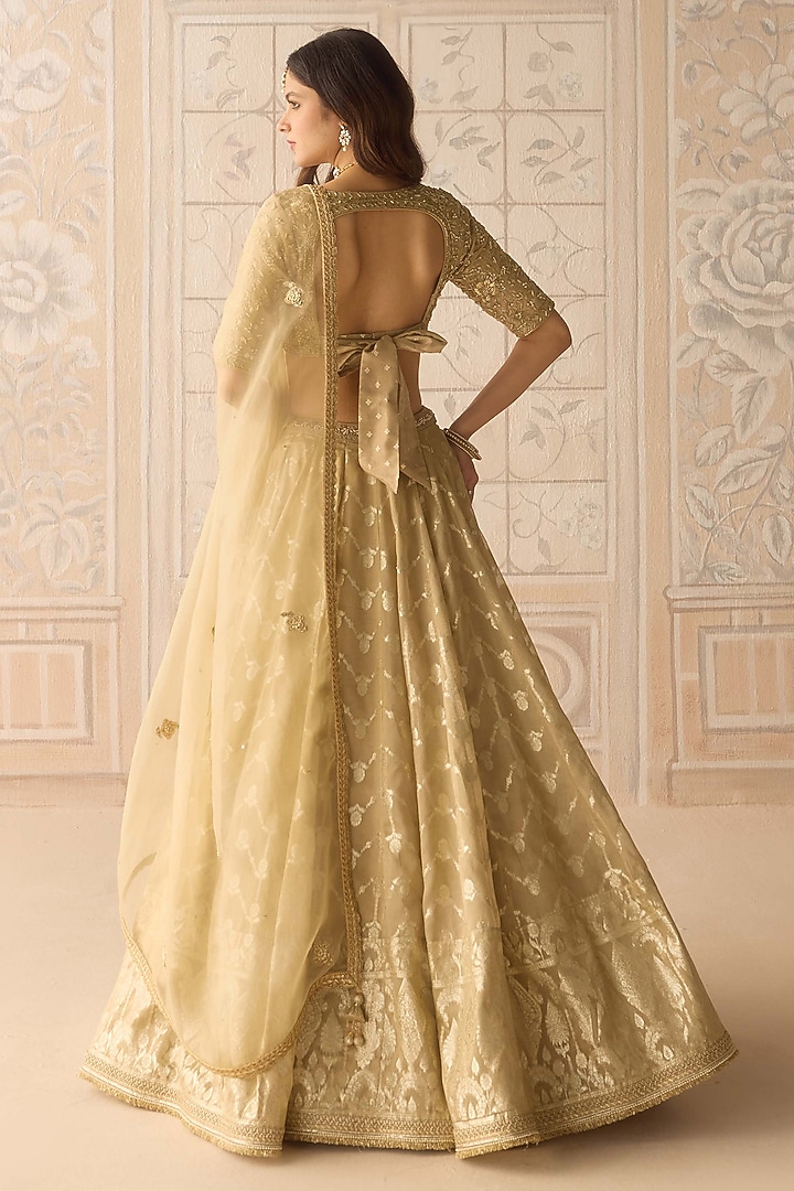 Gold Tissue Organza Brocade Embroidered Wedding Lehenga Set by Shyam Narayan Prasad at Pernia's Pop Up Shop