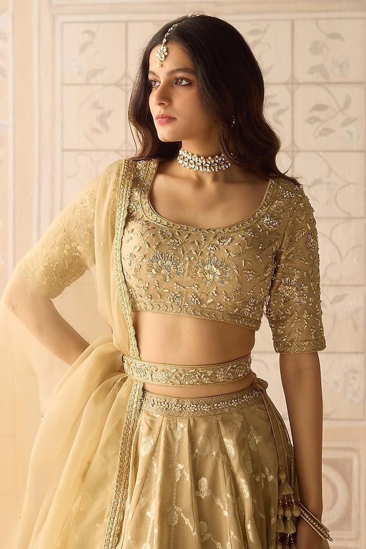 Gold Tissue Organza Brocade Embroidered Wedding Lehenga Set by Shyam Narayan Prasad at Pernia's Pop Up Shop