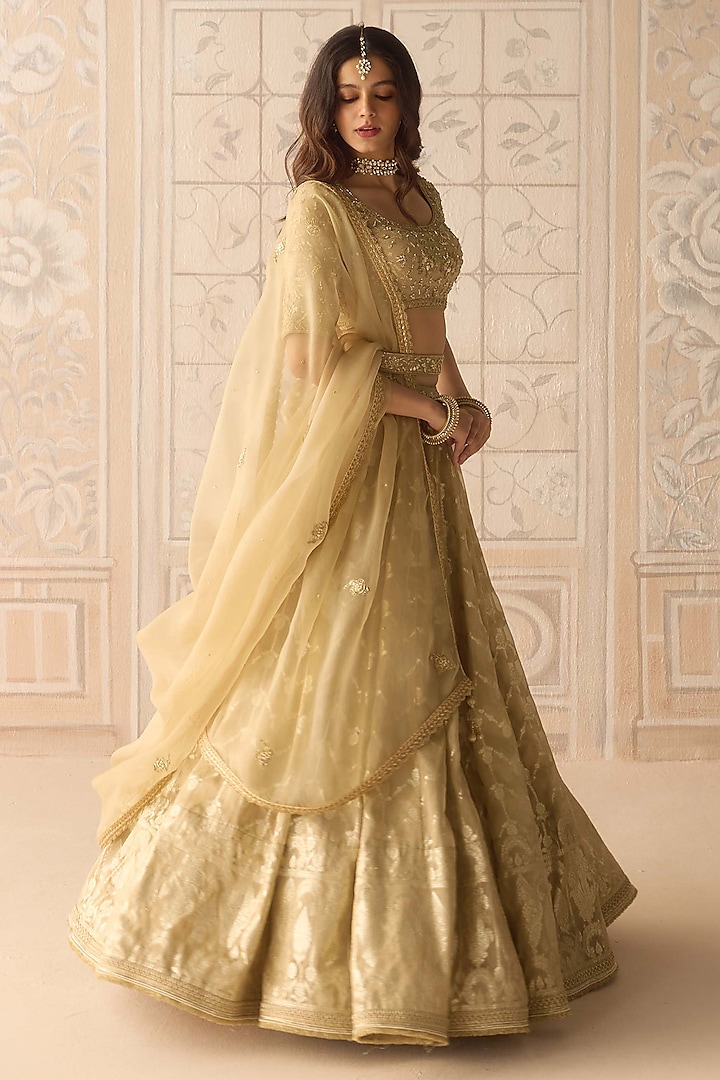 Gold Tissue Organza Brocade Embroidered Wedding Lehenga Set by Shyam Narayan Prasad at Pernia's Pop Up Shop