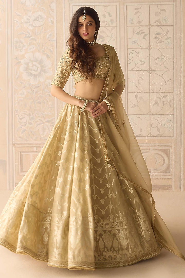 Gold Tissue Organza Brocade Embroidered Wedding Lehenga Set by Shyam Narayan Prasad at Pernia's Pop Up Shop