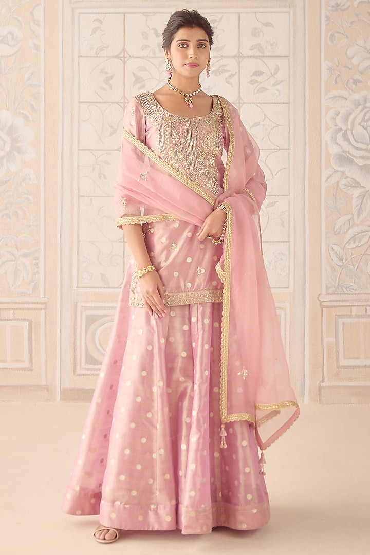 Blush Pink Tissue Organza Brocade Zardosi Embroidered Wedding Sharara Set by Shyam Narayan Prasad at Pernia's Pop Up Shop