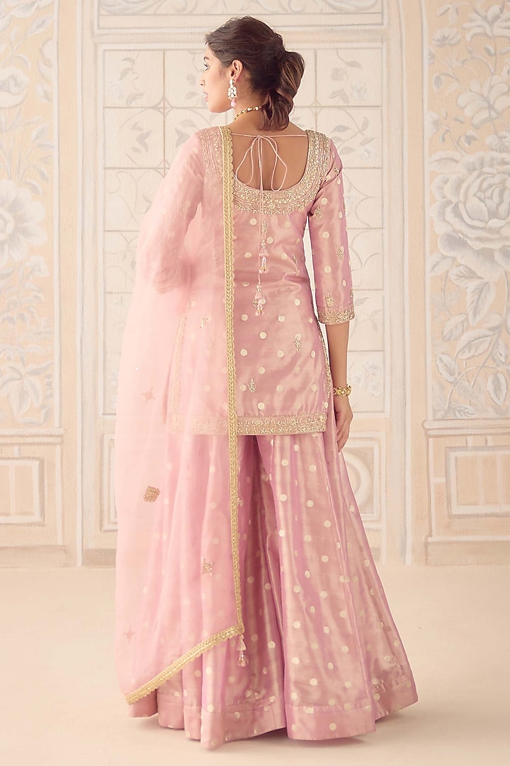 Blush Pink Tissue Organza Brocade Zardosi Embroidered Wedding Sharara Set by Shyam Narayan Prasad at Pernia's Pop Up Shop