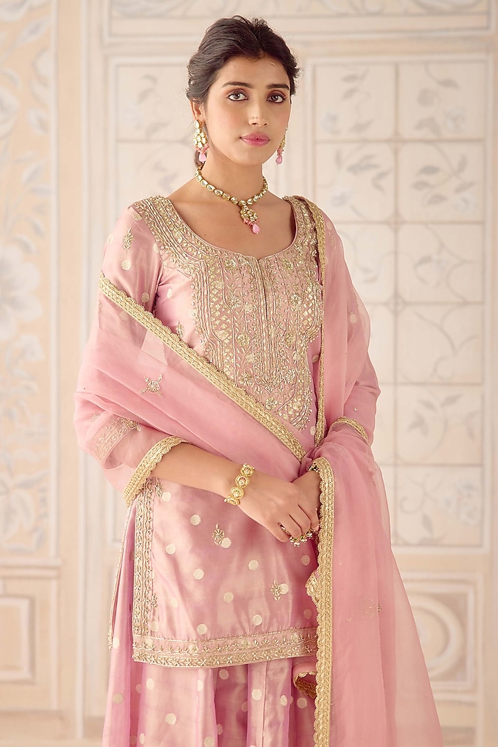 Blush Pink Tissue Organza Brocade Zardosi Embroidered Wedding Sharara Set by Shyam Narayan Prasad at Pernia's Pop Up Shop