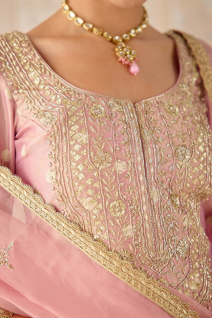 Blush Pink Tissue Organza Brocade Zardosi Embroidered Wedding Sharara Set by Shyam Narayan Prasad at Pernia's Pop Up Shop