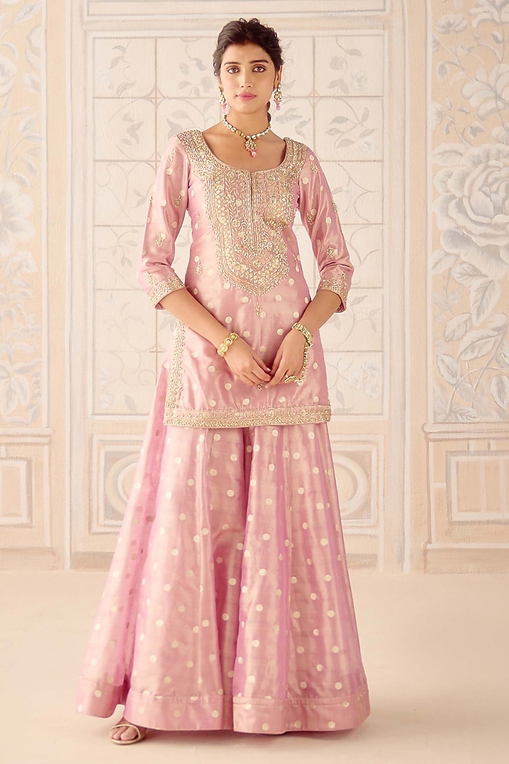 Blush Pink Tissue Organza Brocade Zardosi Embroidered Wedding Sharara Set by Shyam Narayan Prasad at Pernia's Pop Up Shop