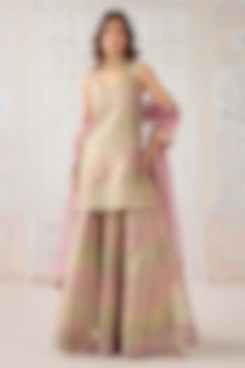 Dusty Rose Pink Tissue Organza Brocade Embroidered Wedding Sharara Set by Shyam Narayan Prasad at Pernia's Pop Up Shop