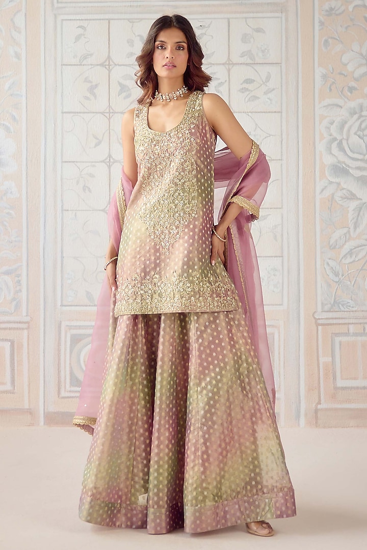 Dusty Rose Pink Tissue Organza Brocade Embroidered Wedding Sharara Set by Shyam Narayan Prasad at Pernia's Pop Up Shop