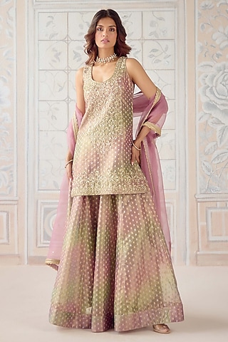 Dusty Rose Pink Tissue Organza Brocade Embroidered Sharara Set by Shyam Narayan Prasad