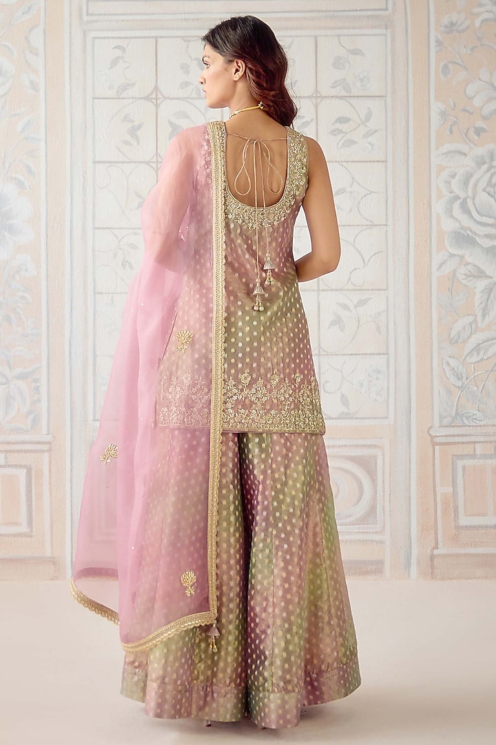 Dusty Rose Pink Tissue Organza Brocade Embroidered Wedding Sharara Set by Shyam Narayan Prasad at Pernia's Pop Up Shop