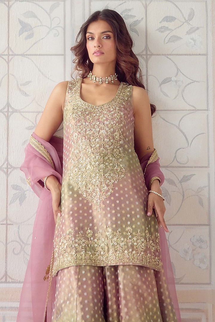Dusty Rose Pink Tissue Organza Brocade Embroidered Wedding Sharara Set by Shyam Narayan Prasad at Pernia's Pop Up Shop