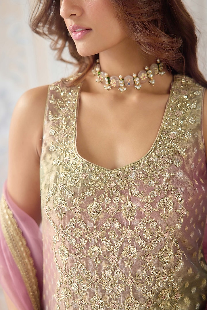 Dusty Rose Pink Tissue Organza Brocade Embroidered Wedding Sharara Set by Shyam Narayan Prasad at Pernia's Pop Up Shop