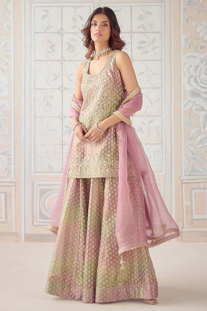Dusty Rose Pink Tissue Organza Brocade Embroidered Wedding Sharara Set by Shyam Narayan Prasad at Pernia's Pop Up Shop