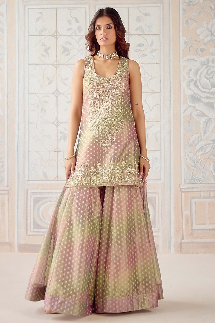 Dusty Rose Pink Tissue Organza Brocade Embroidered Wedding Sharara Set by Shyam Narayan Prasad at Pernia's Pop Up Shop