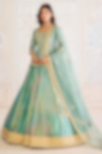 Dusty Turquoise Green Tissue Organza Brocade Embroidered Wedding Lehenga Set by Shyam Narayan Prasad at Pernia's Pop Up Shop