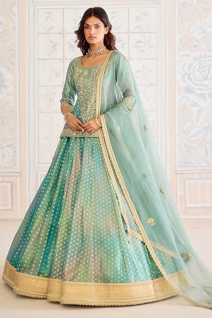 Dusty Turquoise Green Tissue Organza Brocade Embroidered Wedding Lehenga Set by Shyam Narayan Prasad at Pernia's Pop Up Shop