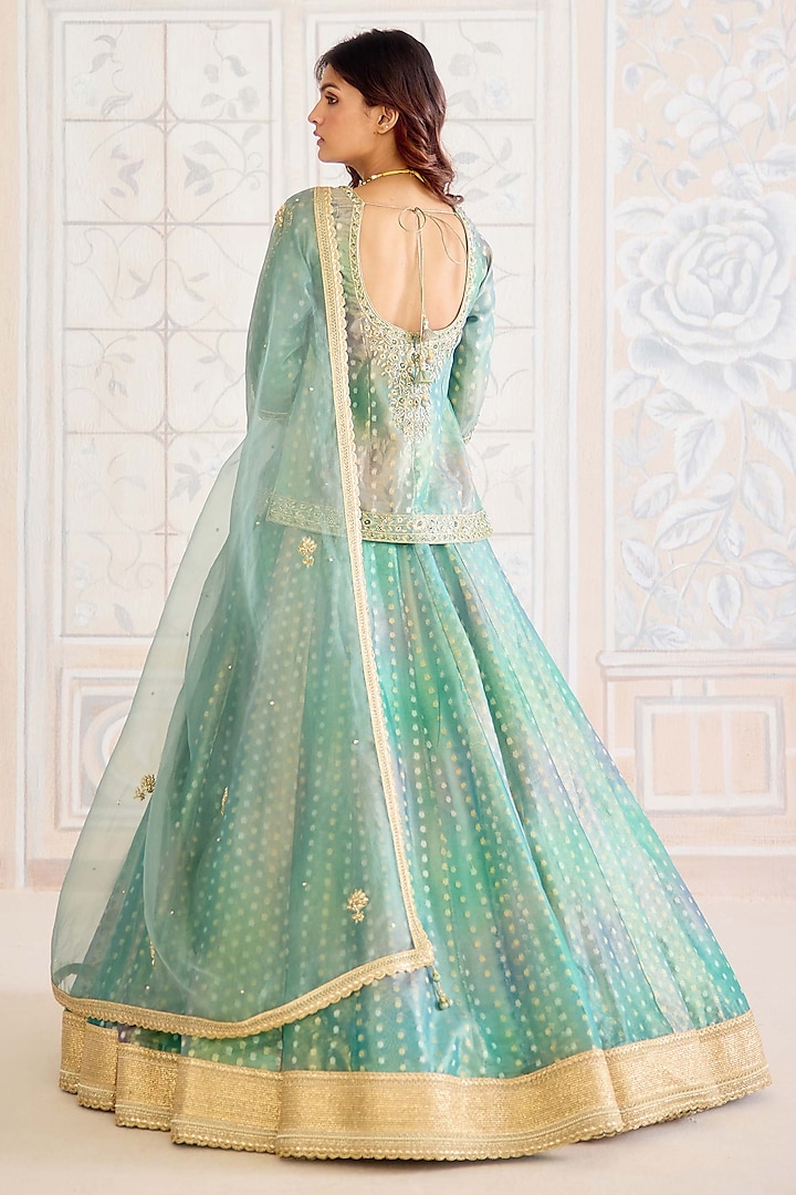 Dusty Turquoise Green Tissue Organza Brocade Embroidered Wedding Lehenga Set by Shyam Narayan Prasad at Pernia's Pop Up Shop