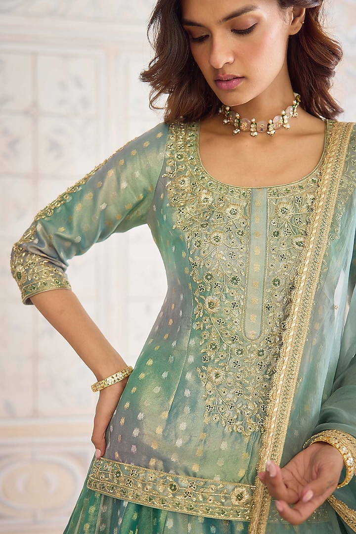 Dusty Turquoise Green Tissue Organza Brocade Embroidered Wedding Lehenga Set by Shyam Narayan Prasad at Pernia's Pop Up Shop