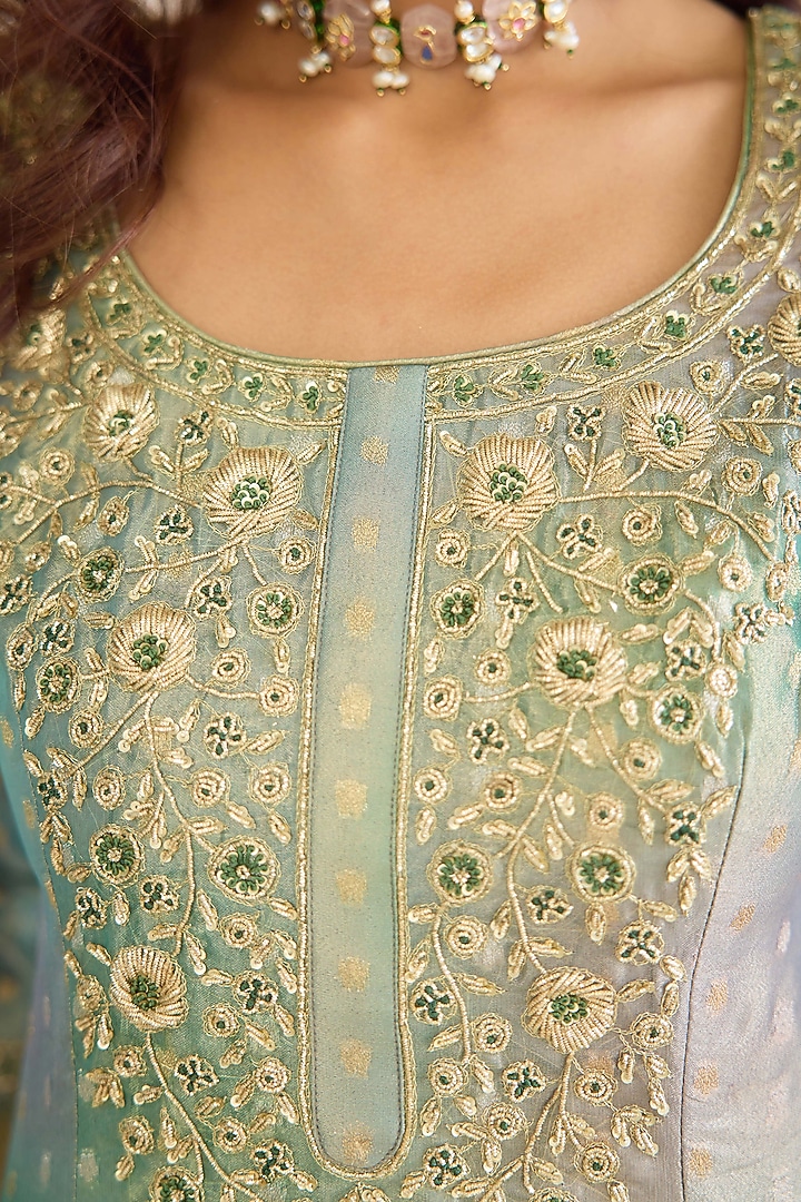 Dusty Turquoise Green Tissue Organza Brocade Embroidered Wedding Lehenga Set by Shyam Narayan Prasad at Pernia's Pop Up Shop