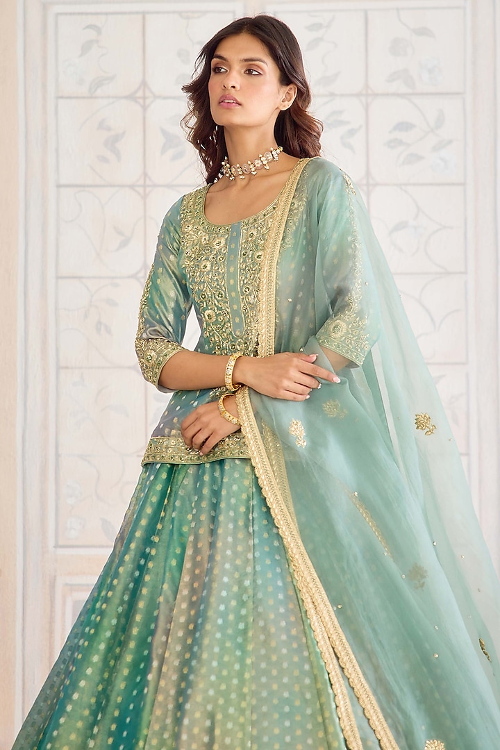 Dusty Turquoise Green Tissue Organza Brocade Embroidered Wedding Lehenga Set by Shyam Narayan Prasad at Pernia's Pop Up Shop