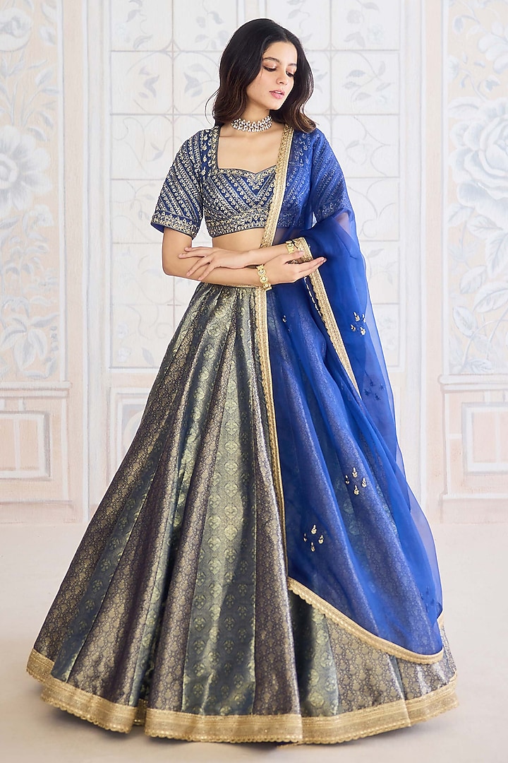 Midnight Blue Brocade Zardosi Embroidered Wedding Lehenga Set by Shyam Narayan Prasad at Pernia's Pop Up Shop