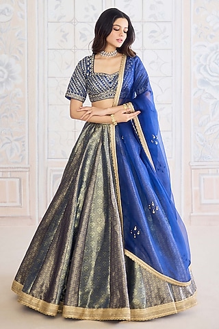 Midnight Blue Brocade Zardosi Embroidered Lehenga Set by Shyam Narayan Prasad