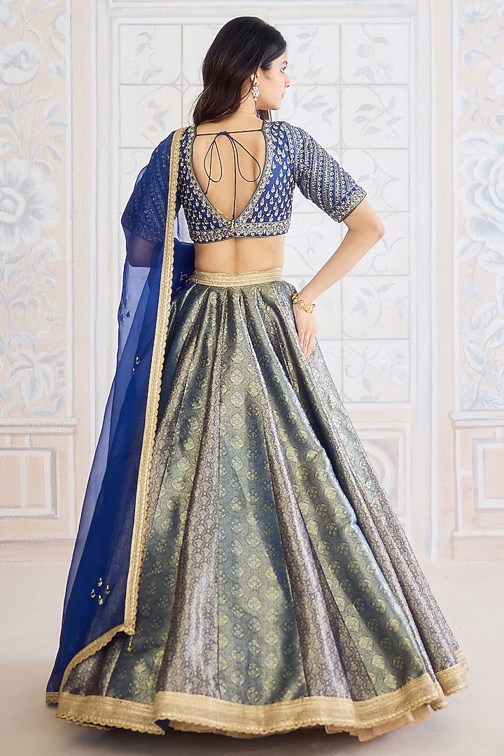 Midnight Blue Brocade Zardosi Embroidered Wedding Lehenga Set by Shyam Narayan Prasad at Pernia's Pop Up Shop