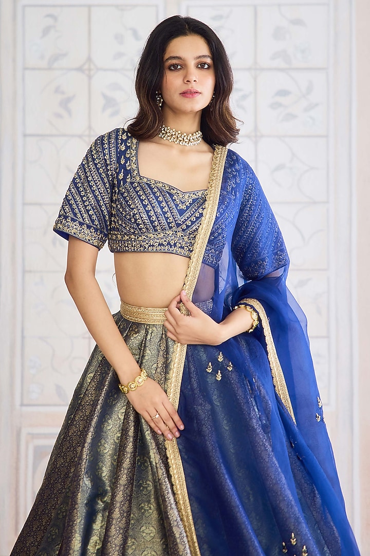 Midnight Blue Brocade Zardosi Embroidered Wedding Lehenga Set by Shyam Narayan Prasad at Pernia's Pop Up Shop