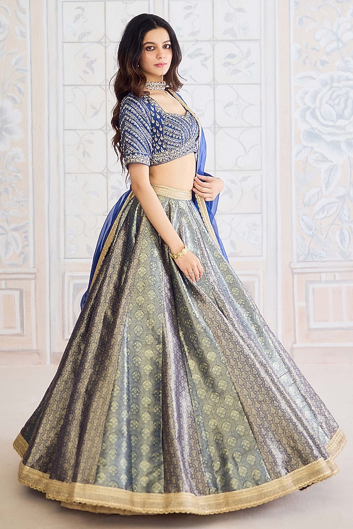 Midnight Blue Brocade Zardosi Embroidered Wedding Lehenga Set by Shyam Narayan Prasad at Pernia's Pop Up Shop