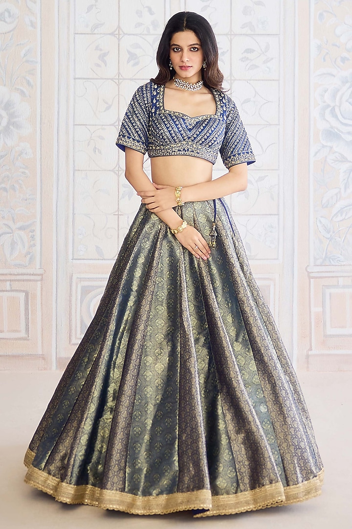 Midnight Blue Brocade Zardosi Embroidered Wedding Lehenga Set by Shyam Narayan Prasad at Pernia's Pop Up Shop