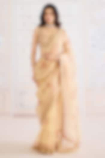 Gold Tissue Brocade Hand Block Printed Wedding Saree Set by Shyam Narayan Prasad at Pernia's Pop Up Shop