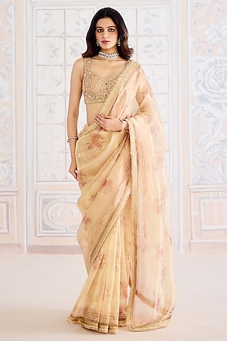 Gold Tissue Brocade Hand Block Printed Saree Set by Shyam Narayan Prasad