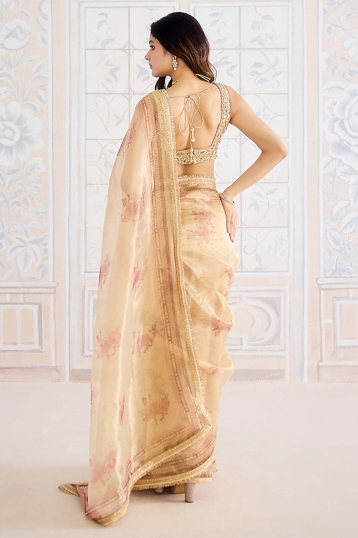 Gold Tissue Brocade Hand Block Printed Wedding Saree Set by Shyam Narayan Prasad at Pernia's Pop Up Shop