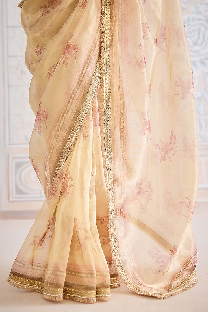 Gold Tissue Brocade Hand Block Printed Wedding Saree Set by Shyam Narayan Prasad at Pernia's Pop Up Shop