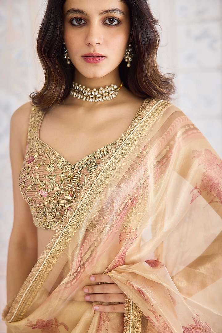 Gold Tissue Brocade Hand Block Printed Wedding Saree Set by Shyam Narayan Prasad at Pernia's Pop Up Shop